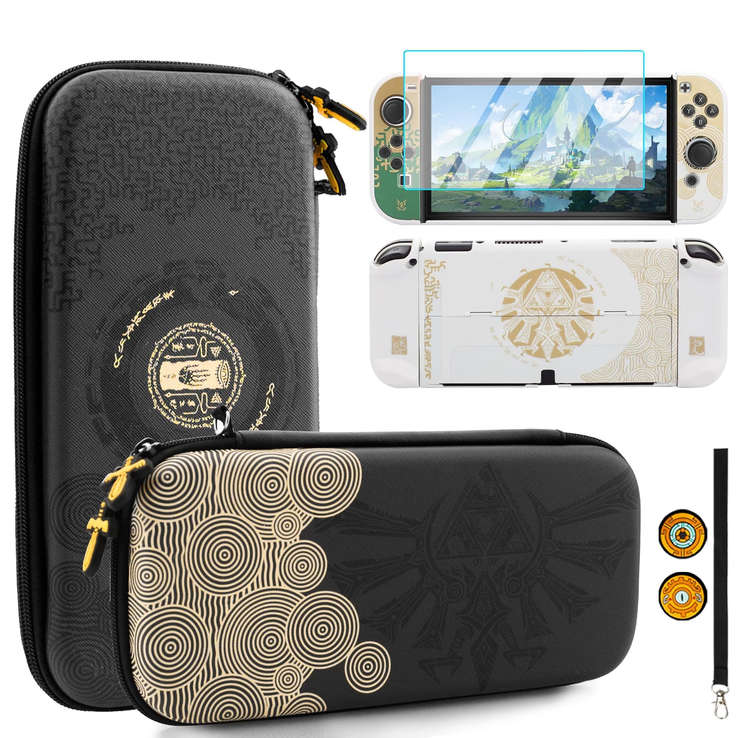 HYPERCASE Black Carrying Case for Nintendo Switch OLED  Accessories Kit of Zelda with Portable Switch OLED Console Storage Bag  Protective Skin Cover  HD Screen Protector  2 Thumb Caps & Wrist Strap