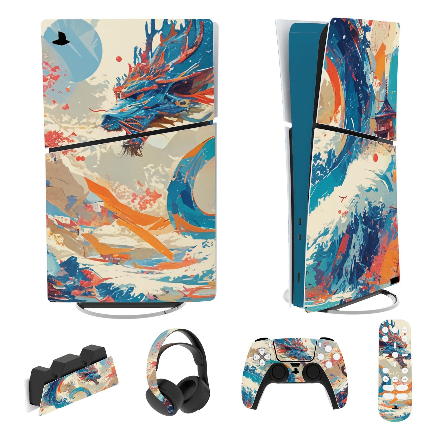 PlayVital Full Set Skin Sticker for ps5 Slim Console Digital Edition (The New Smaller Design)  Vinyl Skin Decal Cover for ps5 Controller & Headset & Charging Station & Media Remote - Dragons Elysium
