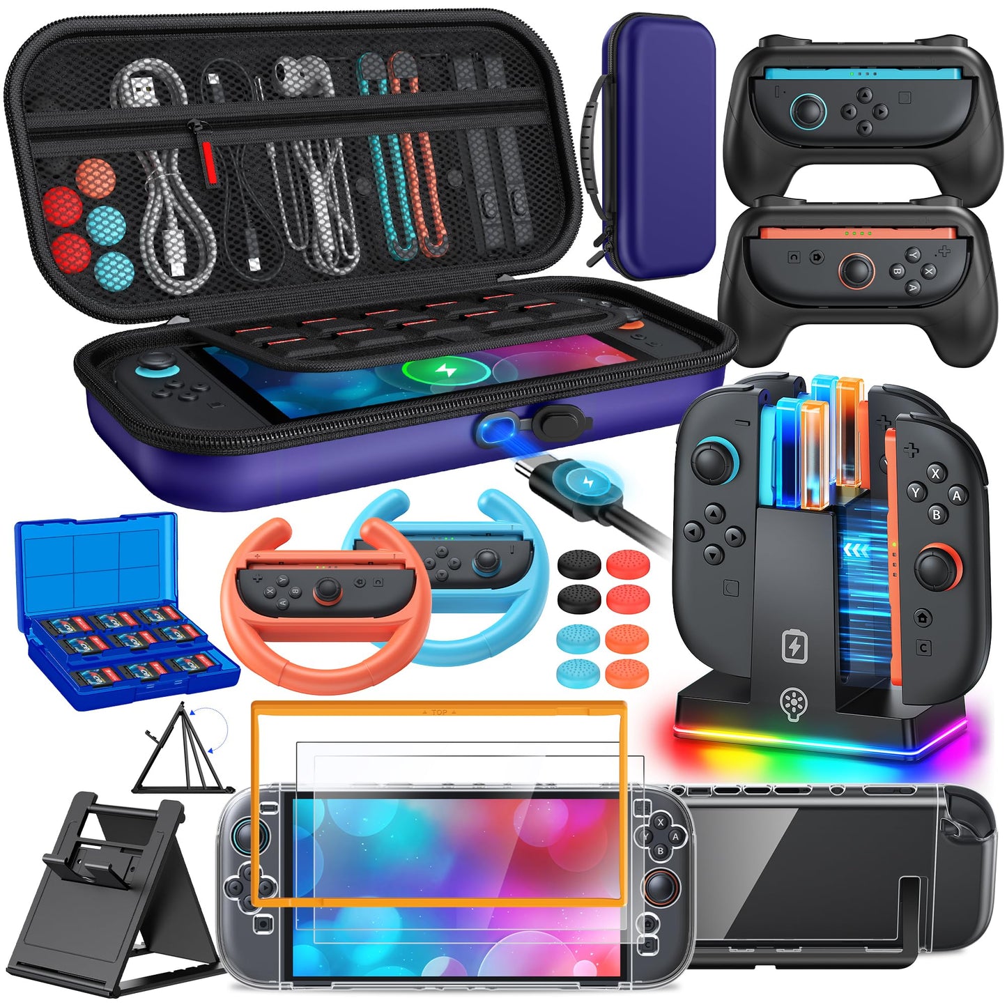 Switch 2 Accessories  Case Bundle for Nintendo Switch 2 2025 Console [Charge Inside]FYOUNG 23 IN 1 Kit:Carrying Case Controller Charger Protective Shell Grip for Joycon  Steering Wheel -Blue