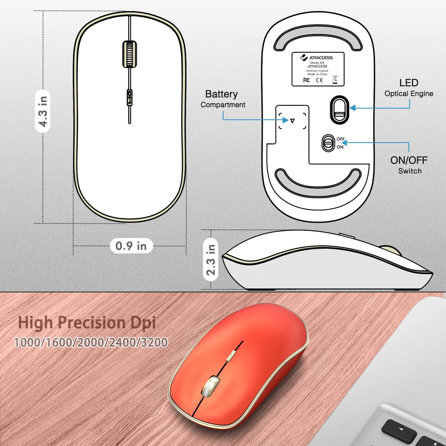 JOYACCESS Wireless Gaming Mouse, 2.4G Silent, Slim Portable USB, Model M1B, Orange Red