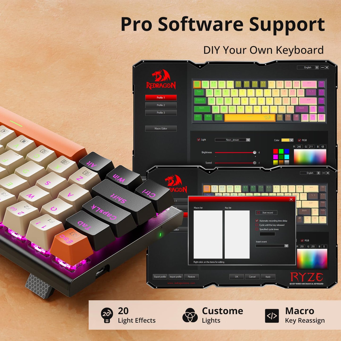 Redragon K633CGO-RGB 60% Mechanical Gaming Keyboard, 68 Keys, RGB, Red Switches, Wired for Windows/Mac, Black/Beige/Orange