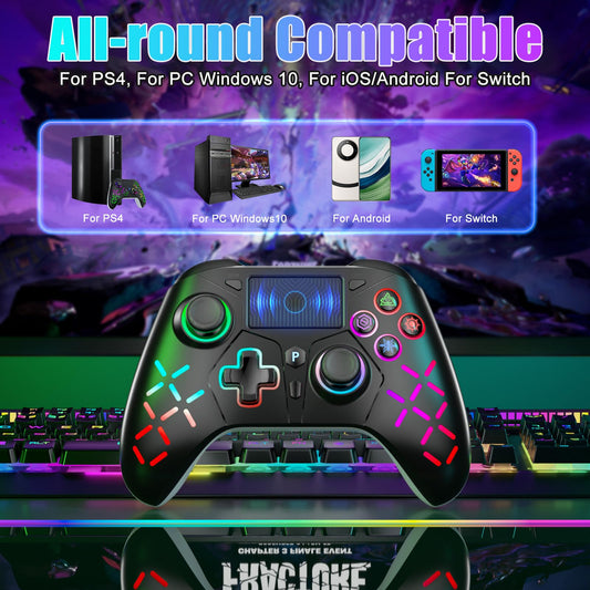 Nonbliep LED Wireless Gamepad for PS4 - Black, RGB Lighting, Turbo, 6-Axis Motion Sensor, 1200mAh Battery, 3.5mm Audio Jack