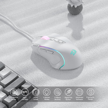 Redragon M612 Predator RGB Gaming Mouse, 8000 DPI, 11 Programmable Buttons, Wired, White