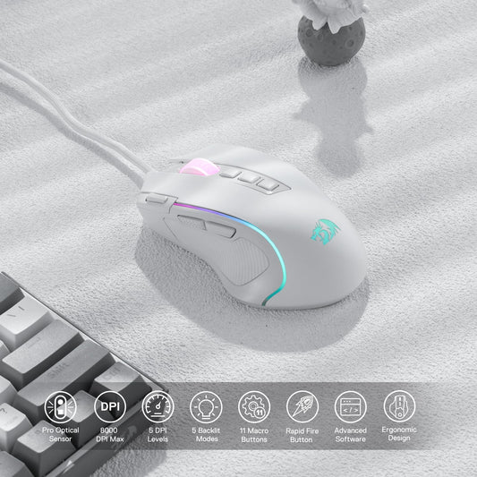 Redragon M612 Predator RGB Gaming Mouse, 8000 DPI, 11 Programmable Buttons, Wired, White