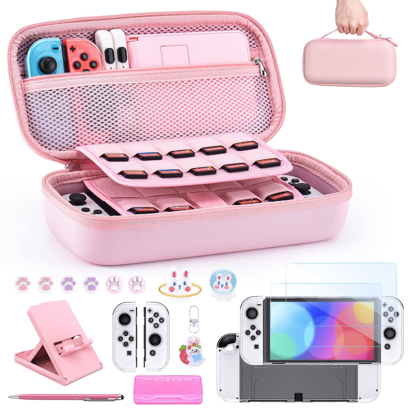 innoAura Switch OLED Accessories Bundle 18 in 1 Switch Bundle with Switch case  Switch game case  Switch OLED Screen Protector  Switch Stand  Switch Thumb grips (Pink)