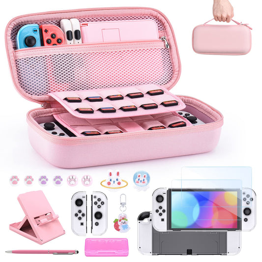 innoAura Switch OLED Accessories Bundle 18 in 1 Switch Bundle with Switch case  Switch game case  Switch OLED Screen Protector  Switch Stand  Switch Thumb grips (Pink)