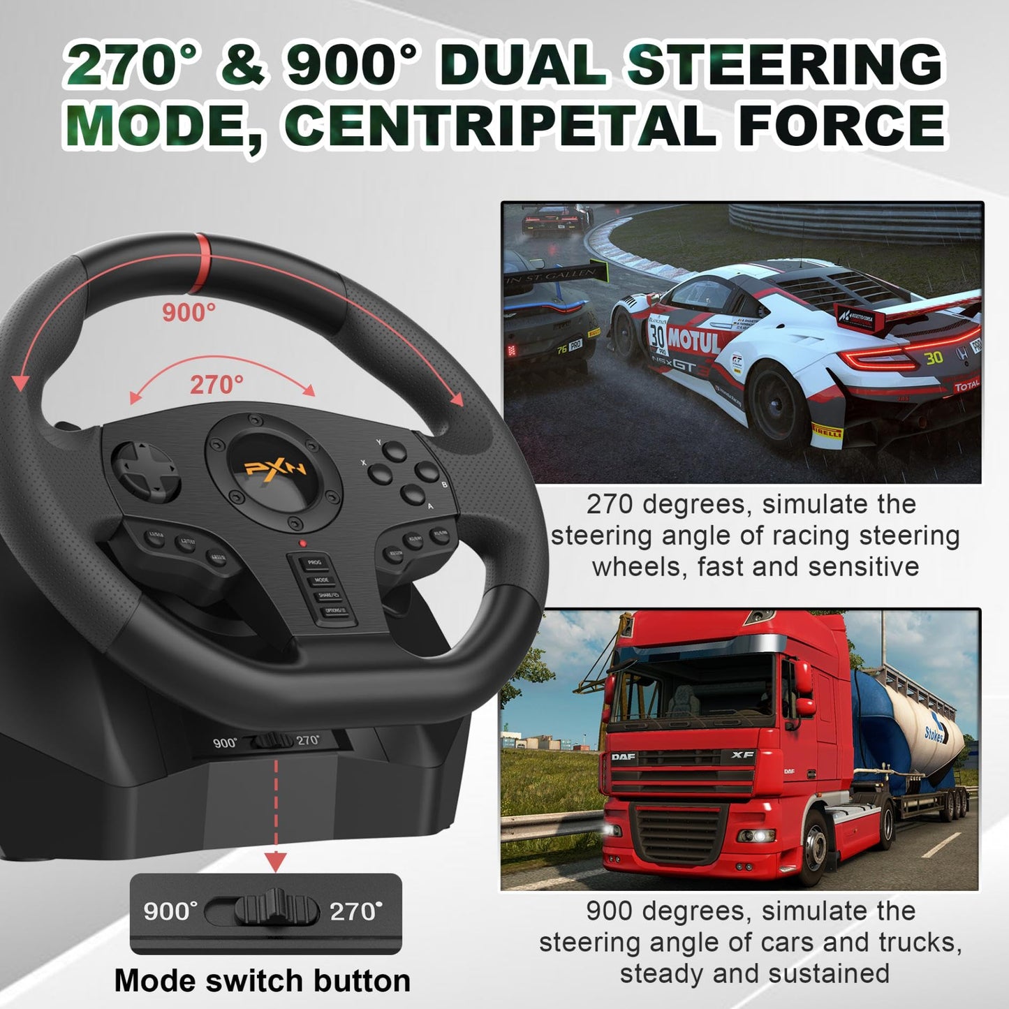 PXN V900 Racing Wheel - 270°/900° Rotation, Black, Gaming Steering Wheel with Pedals for PC, PS4, PS3, Xbox Series X|S, Xbox One