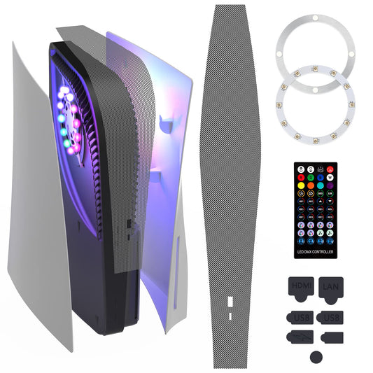 Dust Cover Net for PS5 Console and RGB LED Light Strip  Vents Pets Hair Anti-dust Cover Dustproof for PS5  8 Colors 400 Effects Music Sync Color Changing Lights Decorative Ring Kit.(Black)