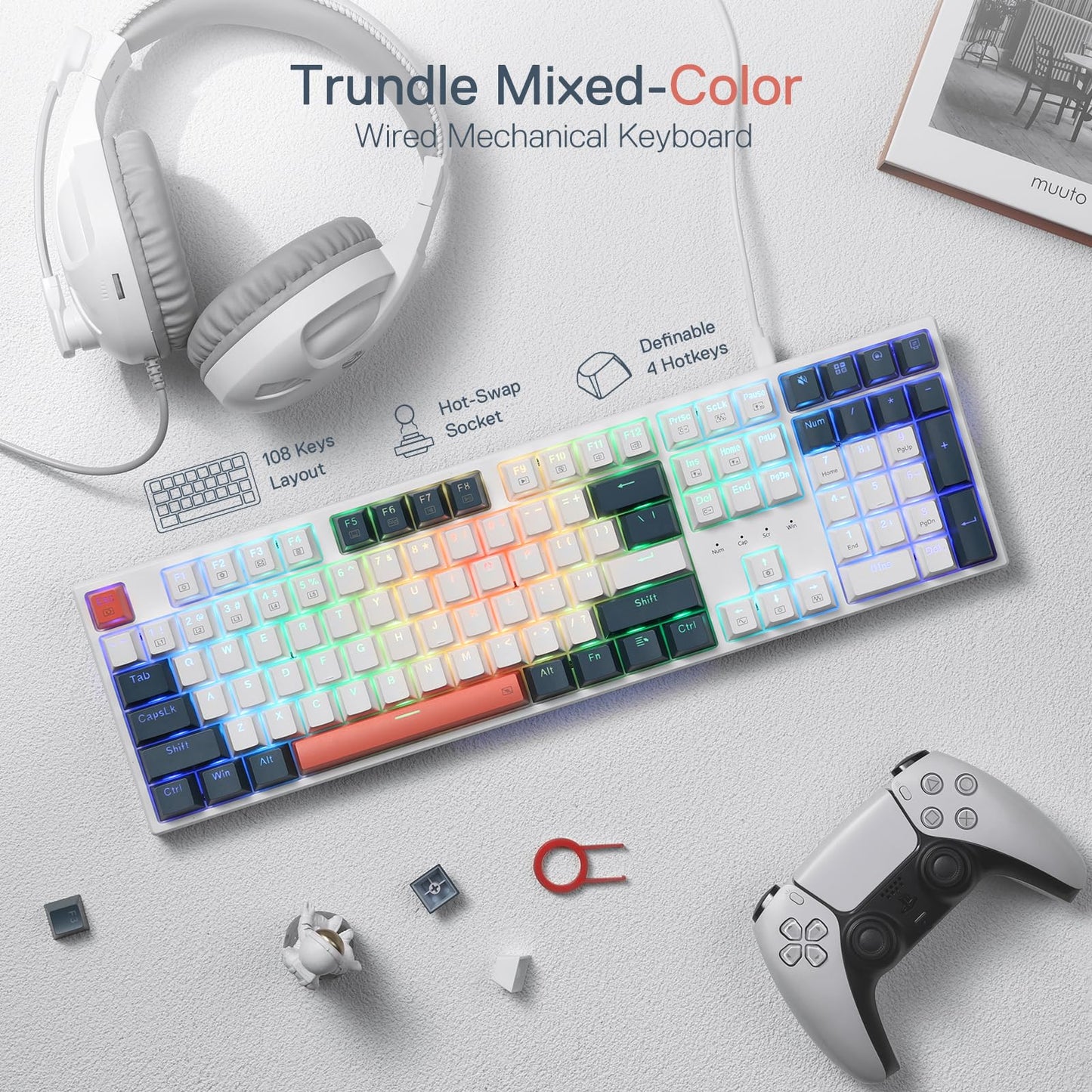 Redragon K668 RGB Mechanical Gaming Keyboard, 104 Keys + 4 Hotkeys, White, Hot-Swappable, Red Switch, Sound Absorbing Foams
