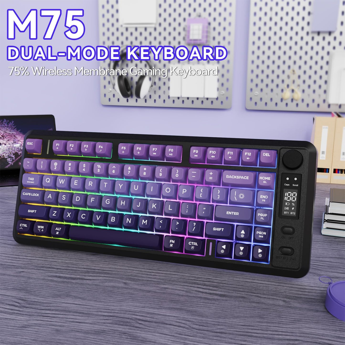 ZIYOU LANG M75 Wireless Gaming Keyboard, RGB Backlit, Rechargeable 2000mAh, PBT Keycaps, Grape Purple