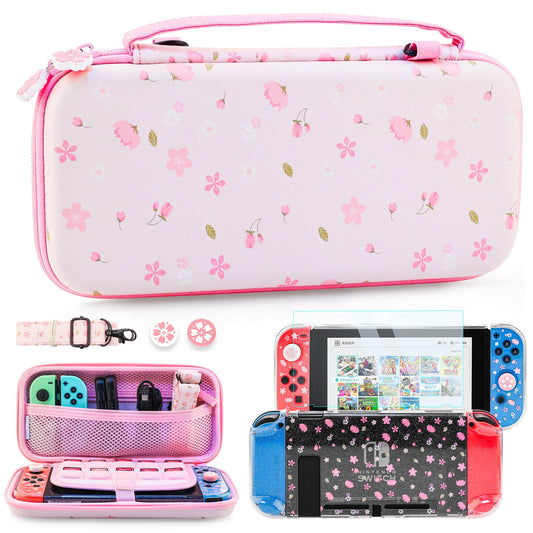 RHOTALL Two-Color Cherry Blossom Carrying Case for Nintendo Switch  Potable Storage Bag for Switch Accessories with Protective Case  Screen Protector  Adjustable Shoulder Strap and 2 Thumb Caps
