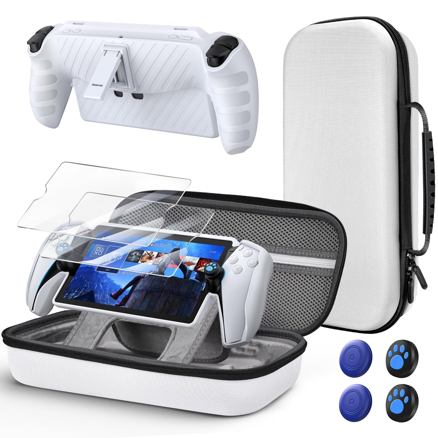 KOVA 10 in 1 Accessories Kit for Playstation Portal  Carrying Case & TPU Skin Cover with Kickstand for PS5 Portal Console  Travel Shell with 2* Screen Protector & 4* Thumb Grip for PS Portal Handheld  White