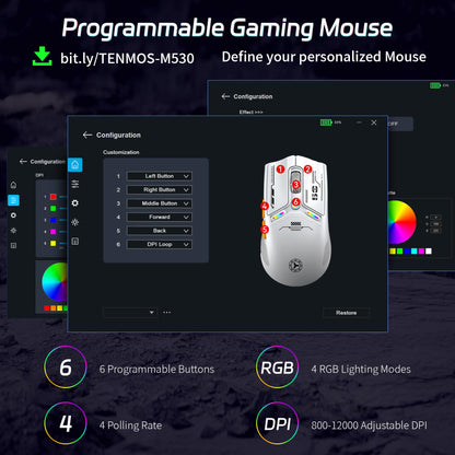 TENMOS M530 Wireless Gaming Mouse - 12000 DPI, RGB, 2.4G/Bluetooth/USB C, Rechargeable, Black