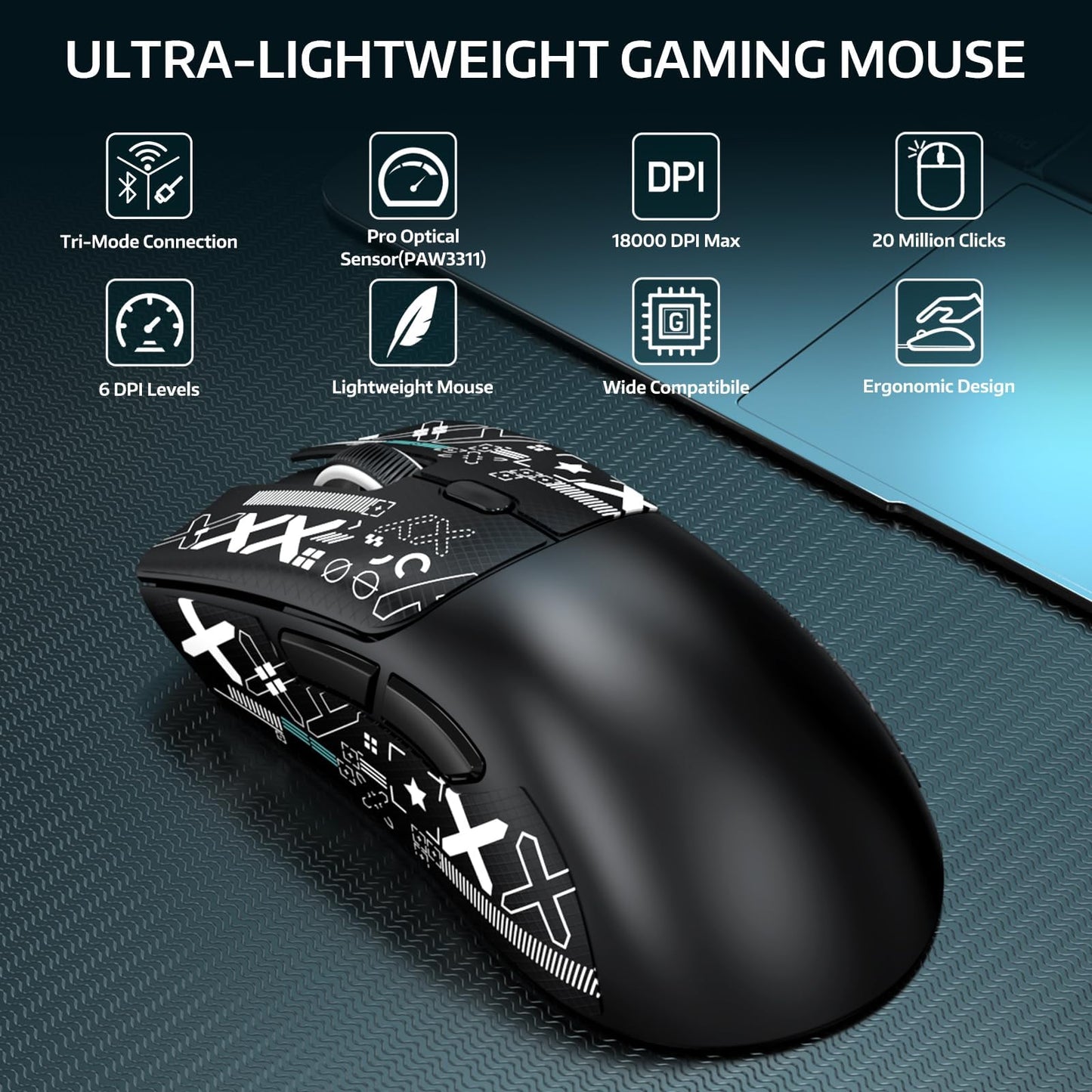 ATTACK SHARK R1 Wireless Gaming Mouse - Tri-Mode (2.4G/Wired/BT5.2), 55g, 18K DPI, Ergonomic Design, Black with