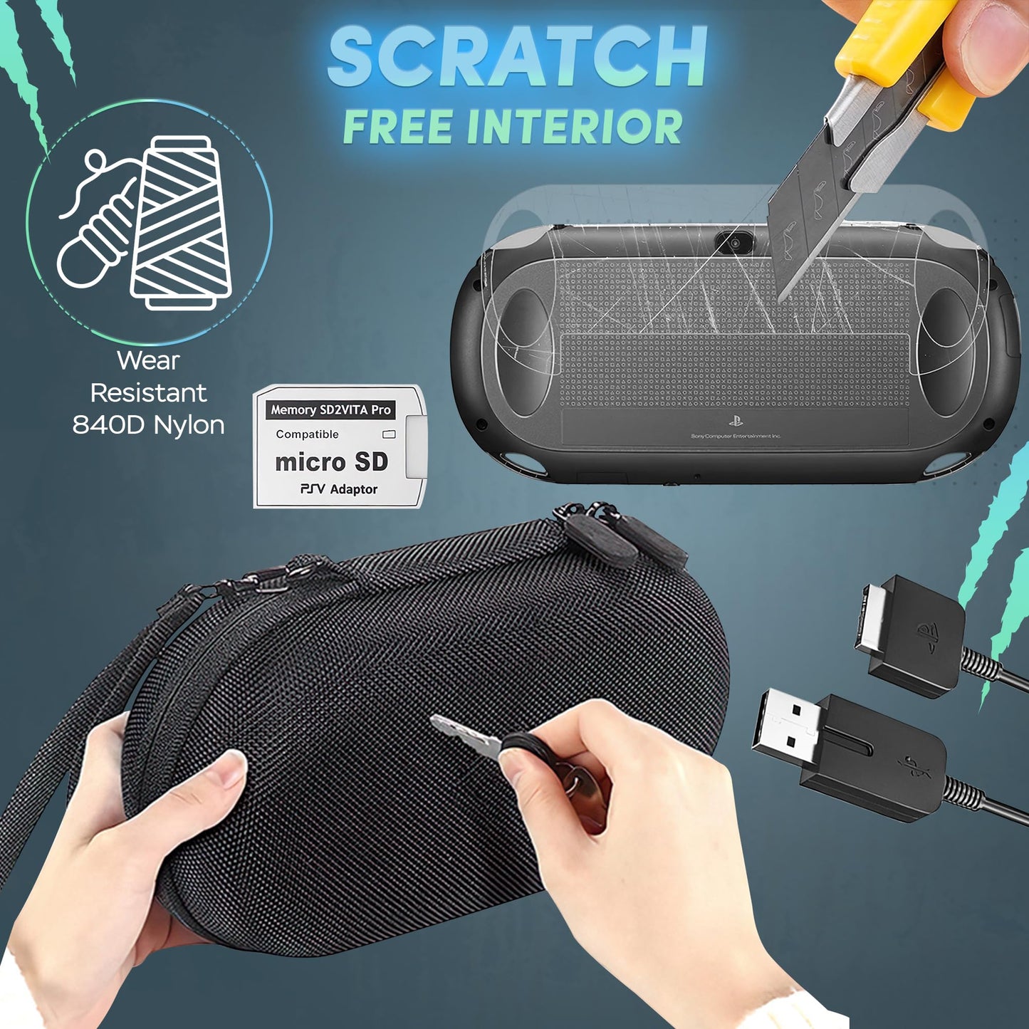 Skywin PS Vita 2000 Slim 4-in-1 Kit - Black Case, Front & Back Protector, Charger Adapter, Micro SD Card