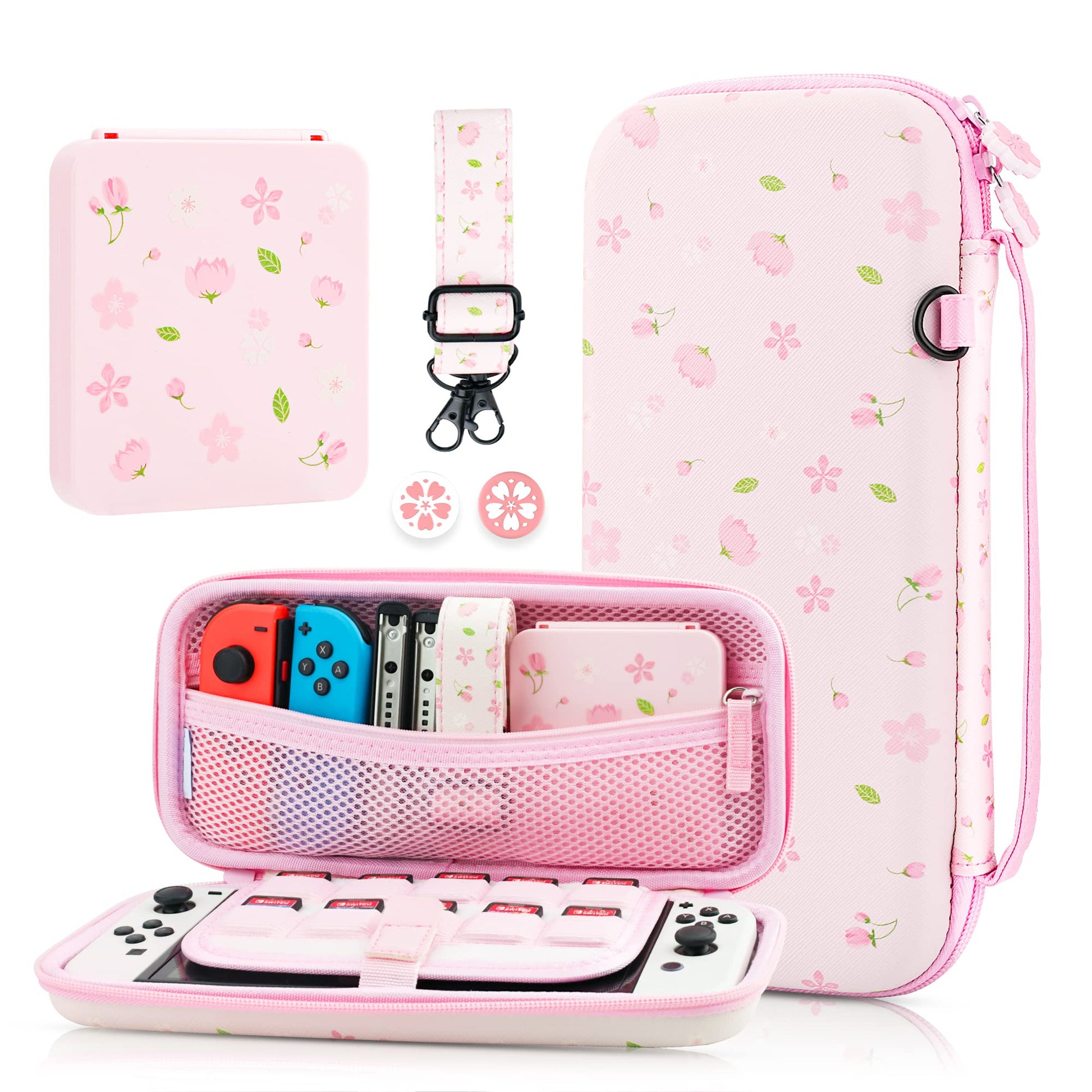 GLDRAM Pink Sakura Carrying Case Bundle for Nintendo Switch & OLED  Elegant Switch Travel Case Protector for Girls  Accessories Kit with Shoulder Strap  Cherry Blossom Game Card Holder & Thumb Caps