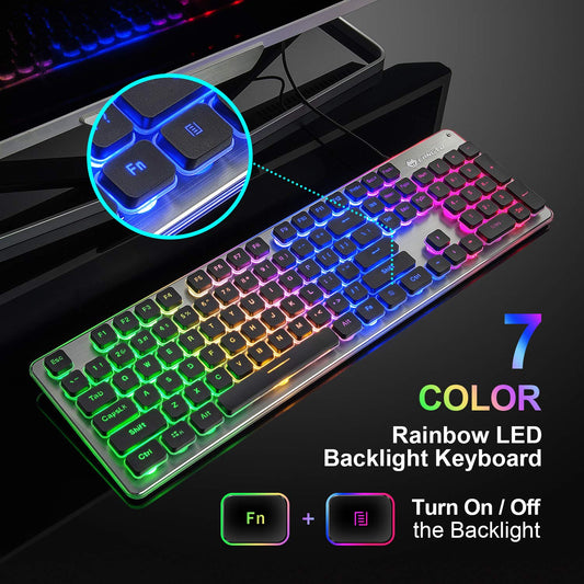 LANGTU Membrane Gaming Keyboard, 104 Keys Anti-Ghosting, LED Backlit, Black/Silver, 43.7*13.33*3.5cm, Model B07QW