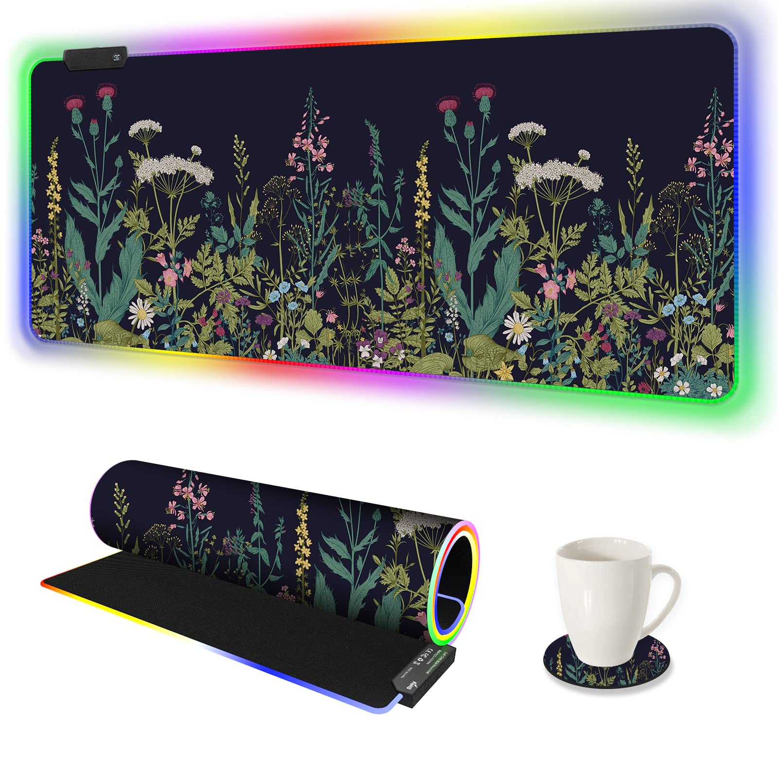AIMSA RGB Gaming Mouse Pad - Large 35.4x15.8 inch Rubber Base with 14 Lighting Modes, Waterproof, Flowers Plants Design