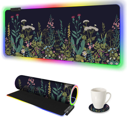 AIMSA RGB Gaming Mouse Pad - Large 35.4x15.8 inch Rubber Base with 14 Lighting Modes, Waterproof, Flowers Plants Design