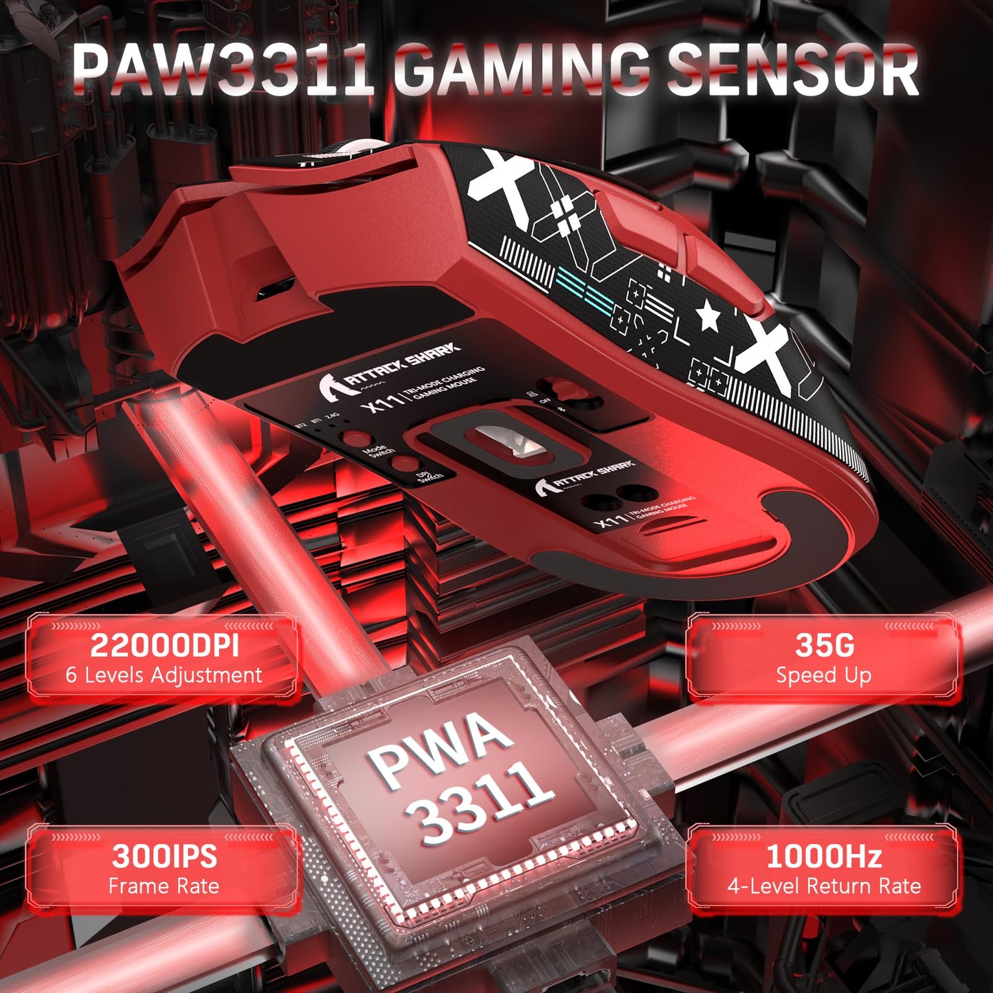 MAGIC-REFINER Attack Shark X11 Wireless Gaming Mouse, 22000 DPI, RGB Dock, Red & Griptape, 5 Programmable Buttons for PC/Mac