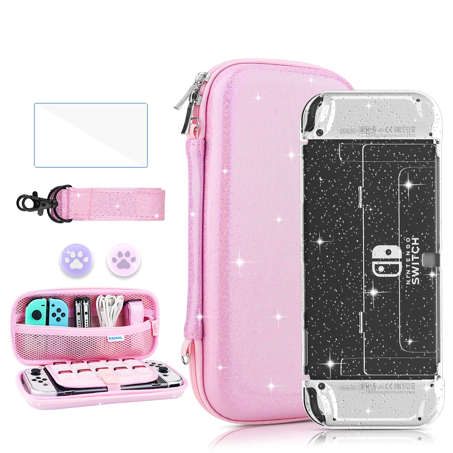 FANPL Case for Nintendo Switch OLED Accessories  Pink Rainbow Sparkle Carrying Case for Switch OLED and Joy Con with Clear Glitter Protective Cover and Screen protector  2 Thumb Grips  Shoulder Strap