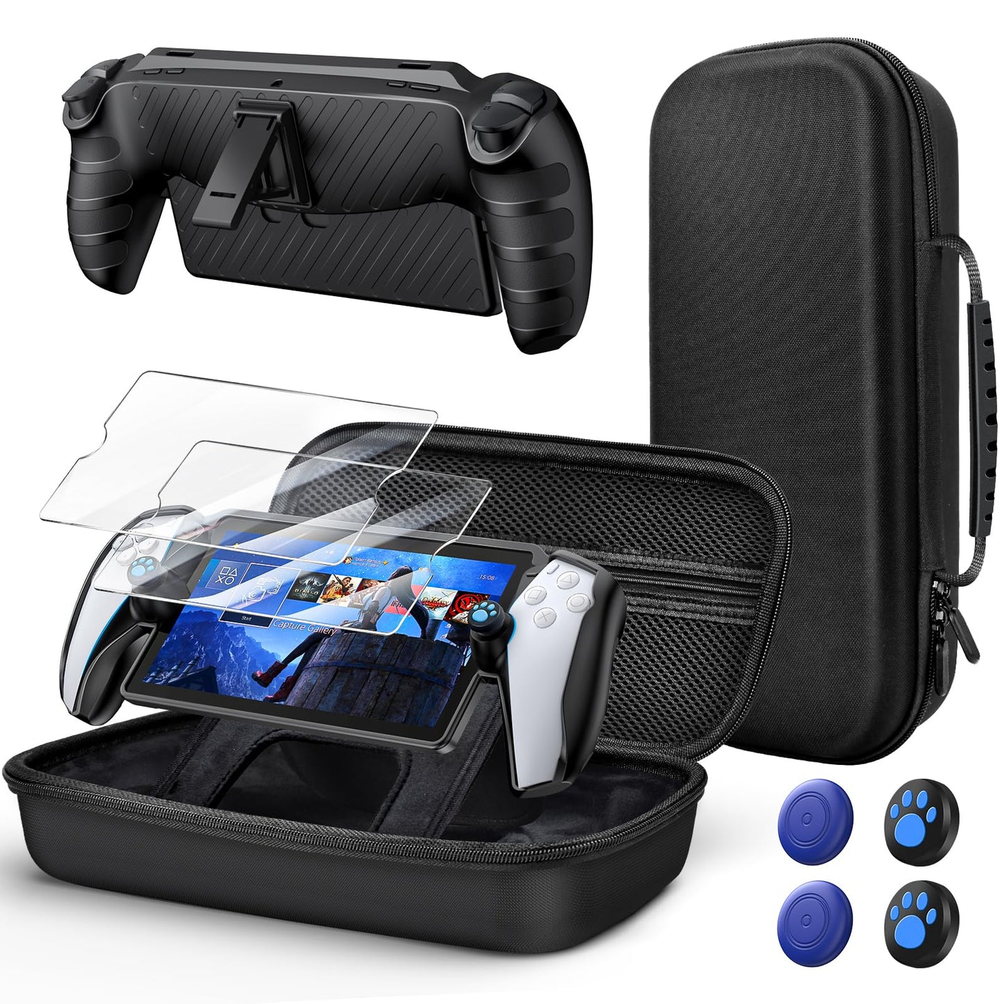 10 in 1 Accessories Kit for Playstation Portal  KOVA Carrying Case & TPU Skin Cover with Kickstand for PS5 Portal Console  Travel Shell with 2* Screen Protector & 4* Thumb Grip for PS Portal Handheld  Black