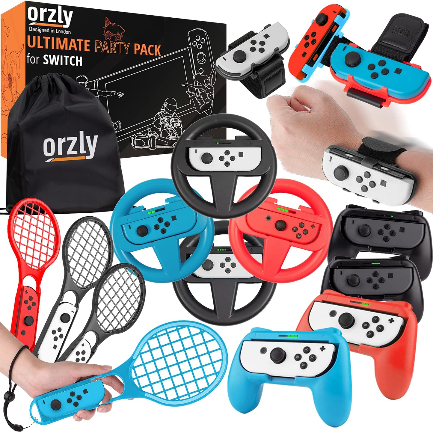 Orzly Sports Family Party Pack Accessories Bundle designed for Nintendo Switch and OLED Console Games with Tennis Badminton Rackets  Controller Grips  Wheels & Wrist Dance Bands - With Carry sack