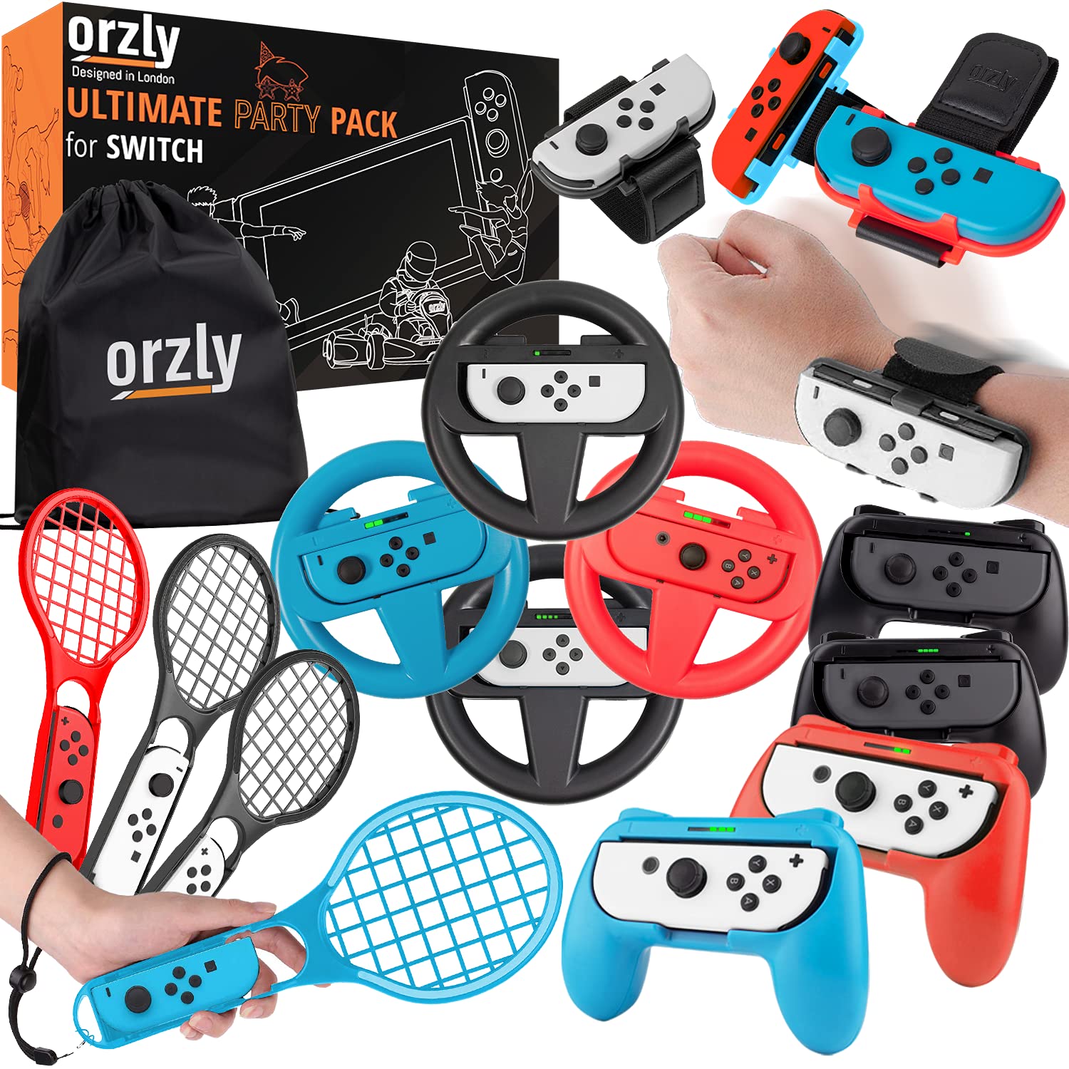 Orzly Sports Family Party Pack Accessories Bundle designed for Nintendo Switch and OLED Console Games with Tennis Badminton Rackets  Controller Grips  Wheels & Wrist Dance Bands - With Carry sack