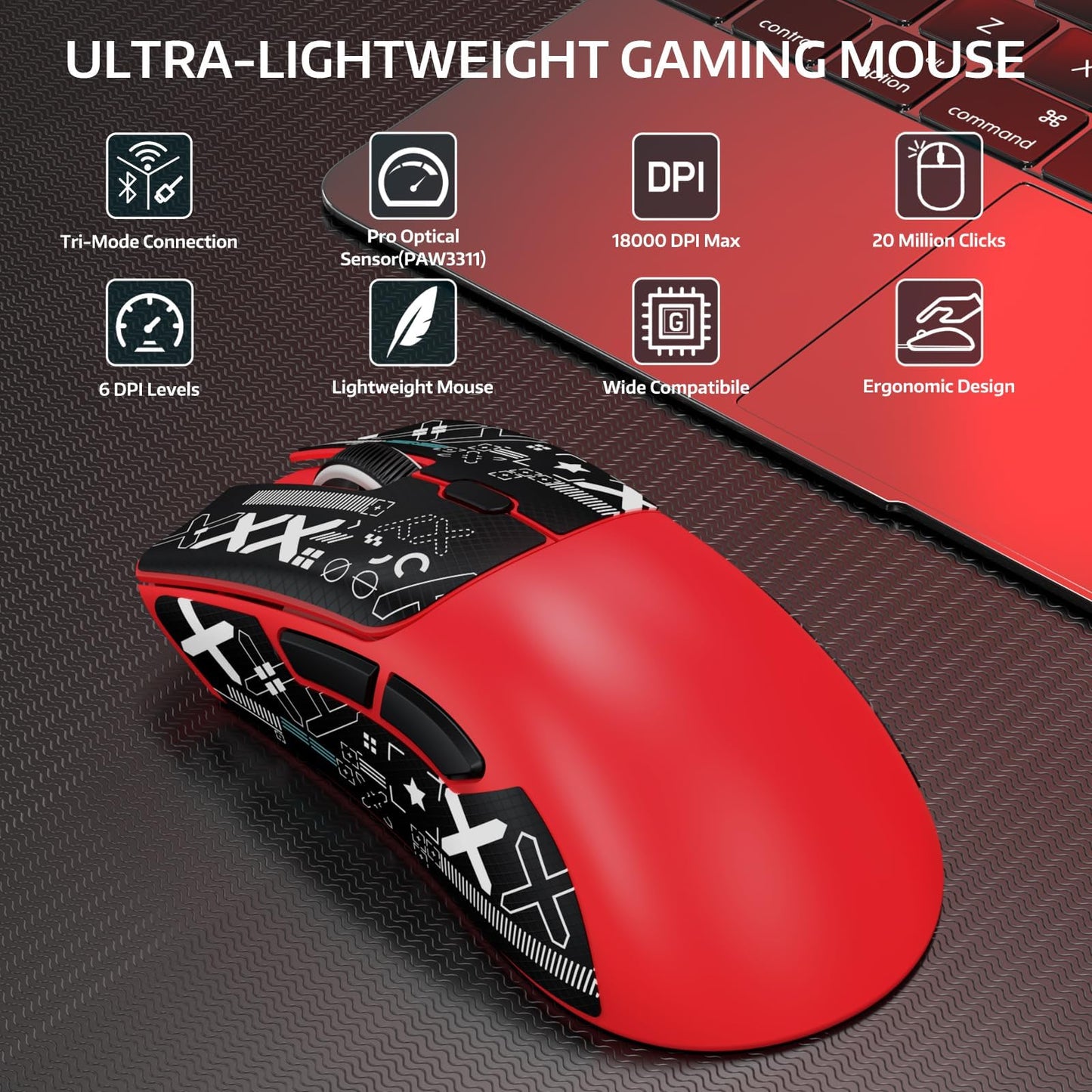 ATTACK SHARK R1 Wireless Gaming Mouse - Tri-Mode Connection, 55g, 18K DPI, Ergonomic Design, Red with Anti-Slip Sticker