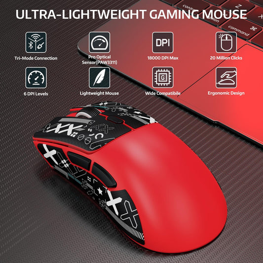 ATTACK SHARK R1 Wireless Gaming Mouse - Tri-Mode Connection, 55g, 18K DPI, Ergonomic Design, Red with Anti-Slip Sticker