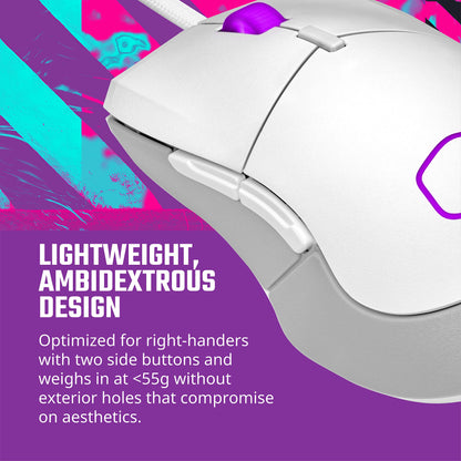 Cooler Master MM310 Wired Gaming Mouse, 12,000 DPI, White Matte, Ultraweave Cable, Optical Sensor, RGB Lighting, 1.6" x 2.8" x