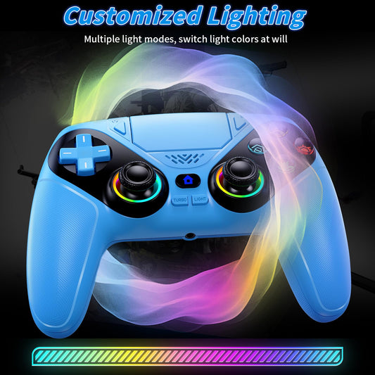 Dinosoo RGB Wireless Controller for PS5, Bluetooth, Turbo, 6-Axis Motion, 3.5mm Audio Jack, Blue