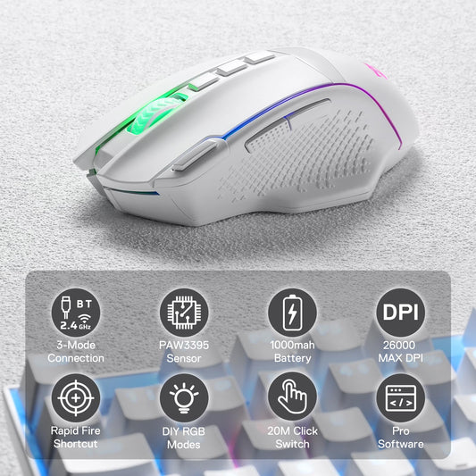 Redragon M991 Wireless Gaming Mouse - 26000 DPI, RGB Backlight, 9 Macro Buttons, White