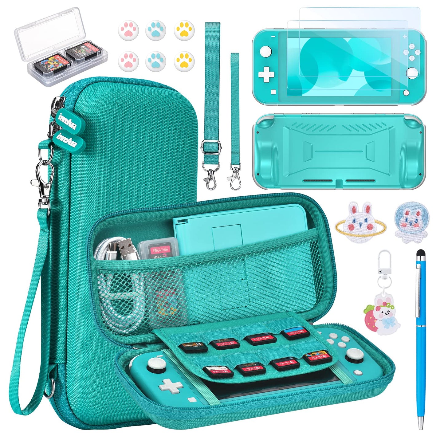 Switch Lite case - innoAura 15 in 1 Switch Lite Accessories Bundle with Switch Lite carrying case  Switch game case  Switch Lite Screen Protector  Switch Stand  Switch Thumb grips (Turquoise)