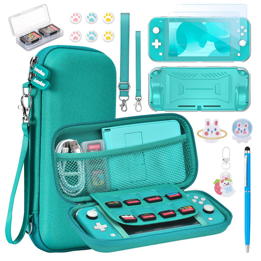 Switch Lite case - innoAura 15 in 1 Switch Lite Accessories Bundle with Switch Lite carrying case  Switch game case  Switch Lite Screen Protector  Switch Stand  Switch Thumb grips (Turquoise)