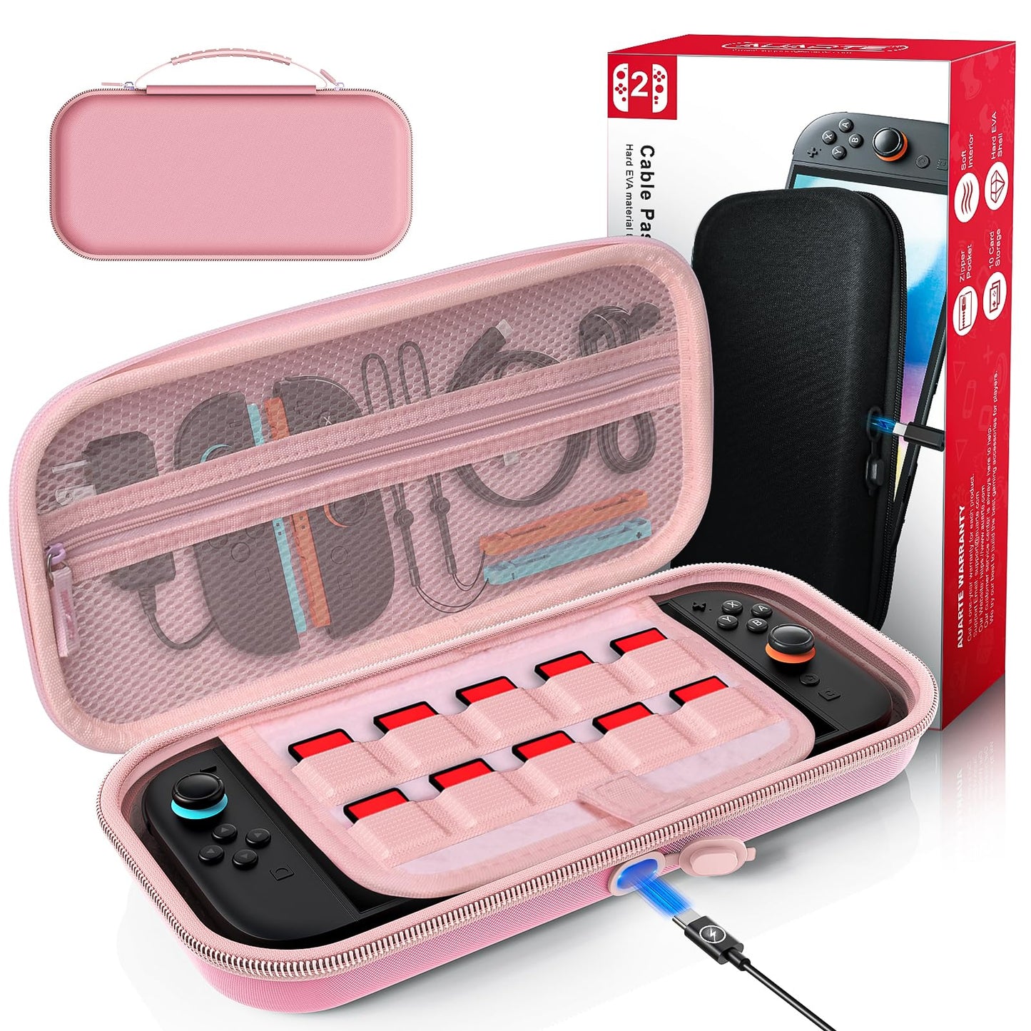 [Charge Inside] Carrying Case for Nintendo Switch 2 Console 2025  Tpartyl Case for Switch 2 with 10 Game Card Storage (Pink)