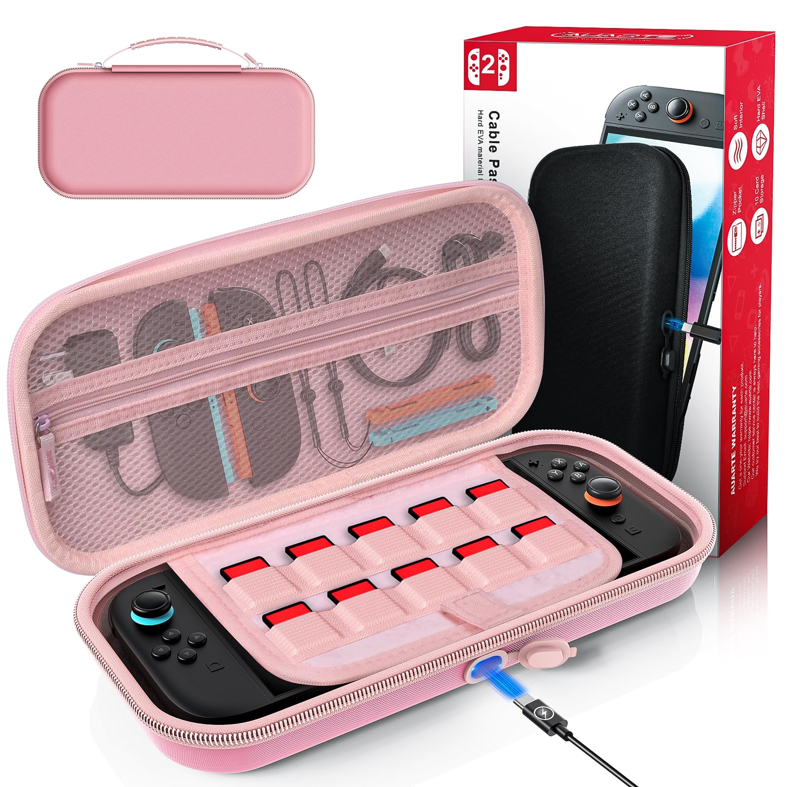 [Charge Inside] Carrying Case for Nintendo Switch 2 Console 2025  Tpartyl Case for Switch 2 with 10 Game Card Storage (Pink)