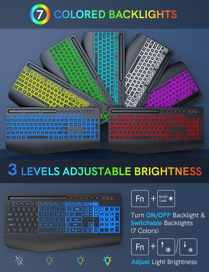 Trueque Wireless Ergonomic Keyboard - Rechargeable with 7 Backlit Colors, Silent Keys, Phone Holder, Black