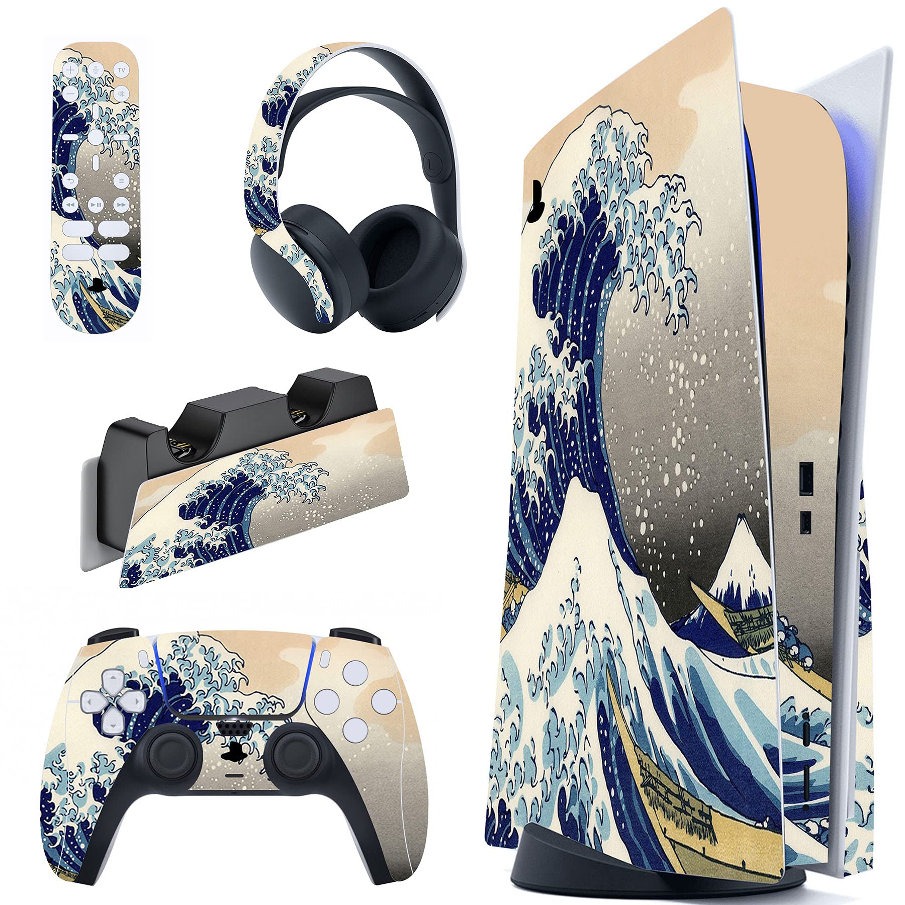 PlayVital Great Wave Dual Side Full Set Skin Decal for PS5 Console Disc Edition  Sticker Vinyl Decal Cover for PS5 Controller & Charging Station & Headset & Media Remote