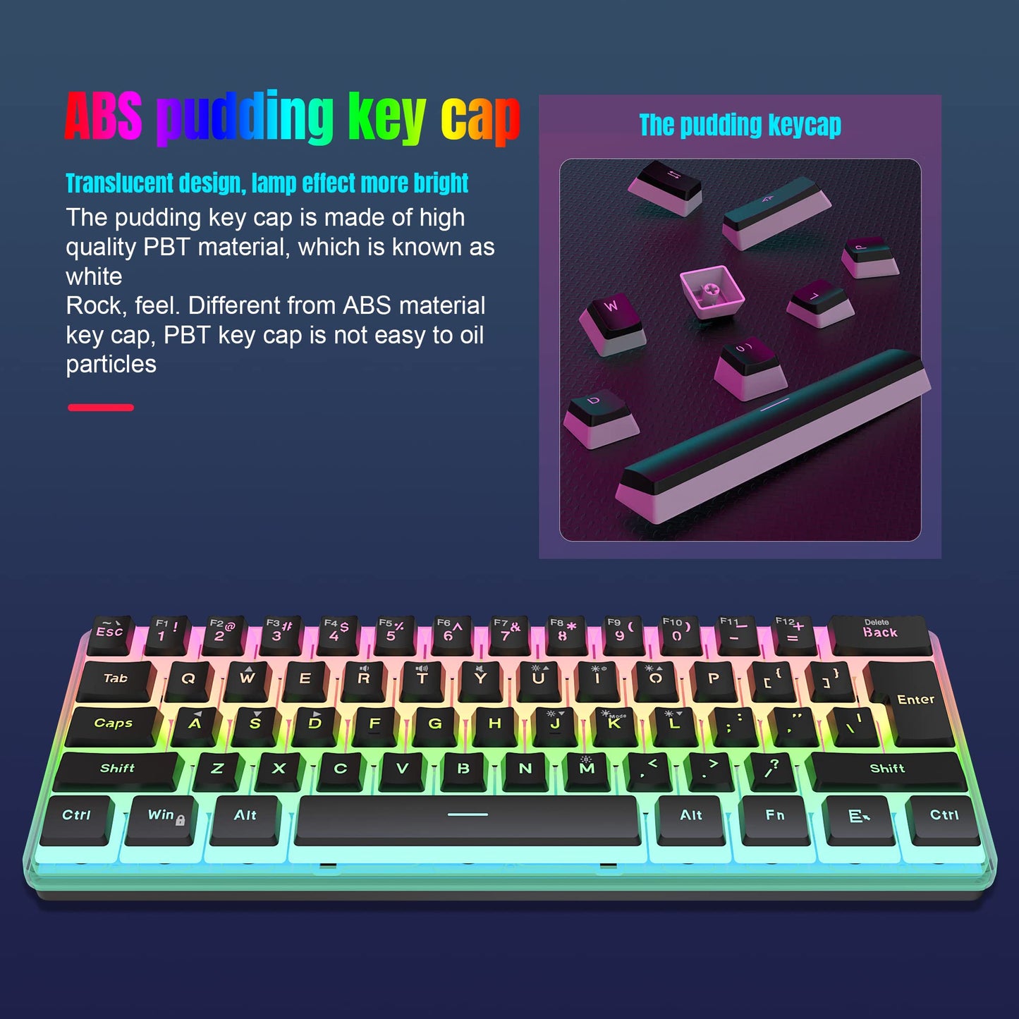 Snpurdiri V800 60% Wired Gaming Keyboard, RGB Mini Keyboard with Pudding Keycaps, Waterproof, Black, Detachable Cable