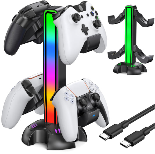 Controller Charging Station with 2 Charging Ports for PS5  Detachable Controller Holder for PS5/Xbox/Switch/PC  Dynamic Lights & 2 USB Ports