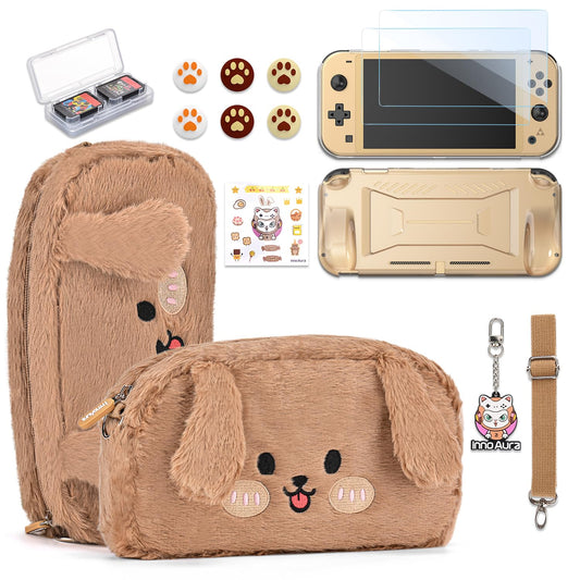 innoAura Switch Lite Case  14 in 1 Switch Lite Accessories Bundle with Cute Switch Lite Carrying Case  Switch Lite Screen Protector  Switch Game Case  Switch Thumb Caps (Brown Dog)
