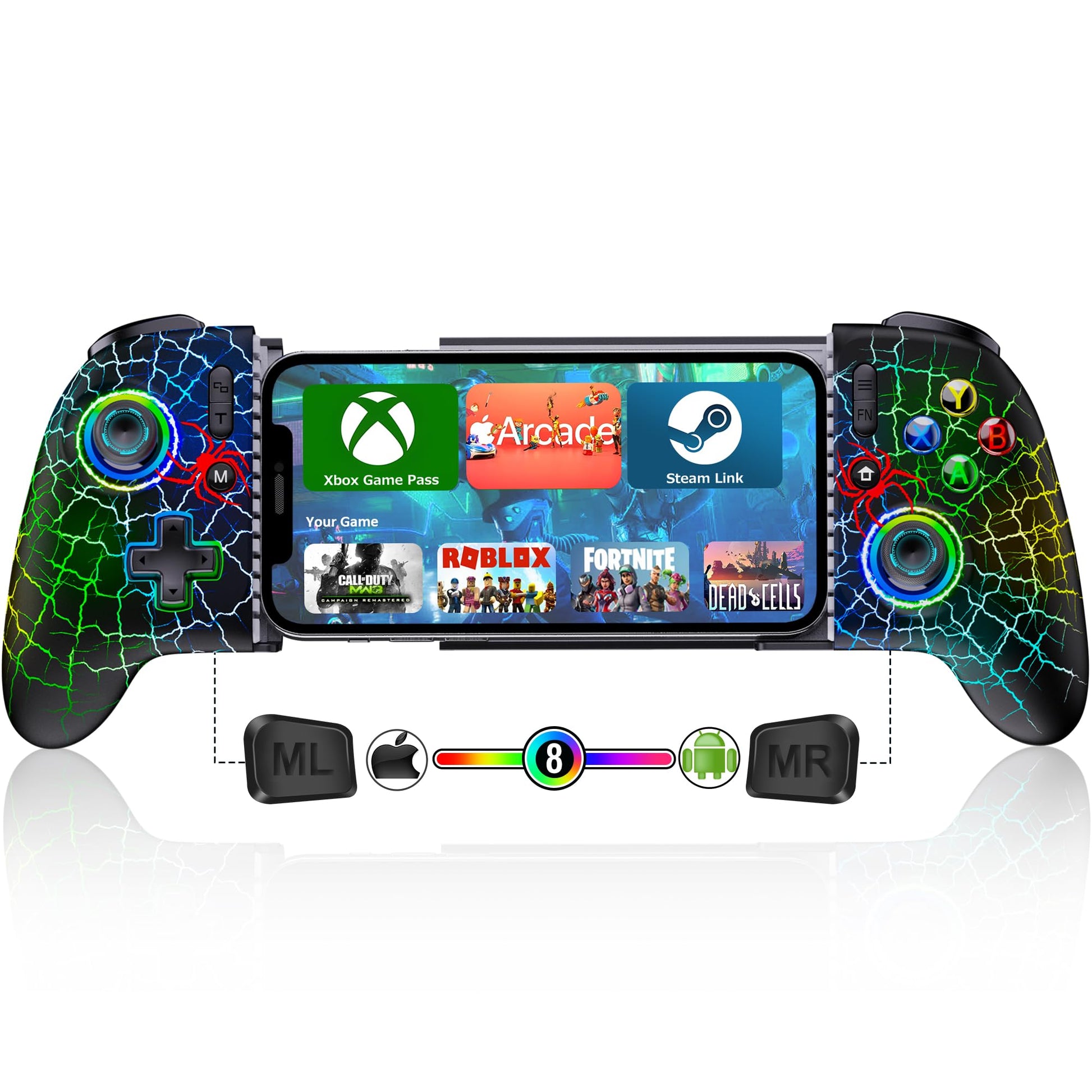 Mocagen Phone Controllers for iPhone/Android with Programmable/Hall Effect Joysticks & Triggers/Dynamic Light/Turbo Handheld Video Gaming for Linux