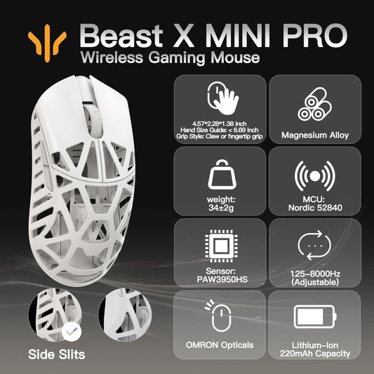 SMACKAPE WLMOUSE Beast X Mini Pro Gaming Mouse, 34g, 30000 DPI, 8K Polling Rate, Milky White, OM Switch-Side Slits,