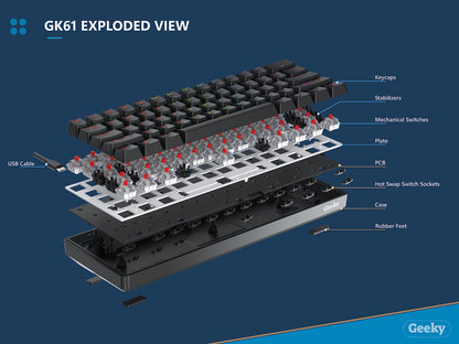 Geeky GK61 60% Hot Swappable Mechanical Gaming Keyboard - 61 Keys Multi-Color RGB LED Backlit, Black, ANSI US Layout, Brown Switch