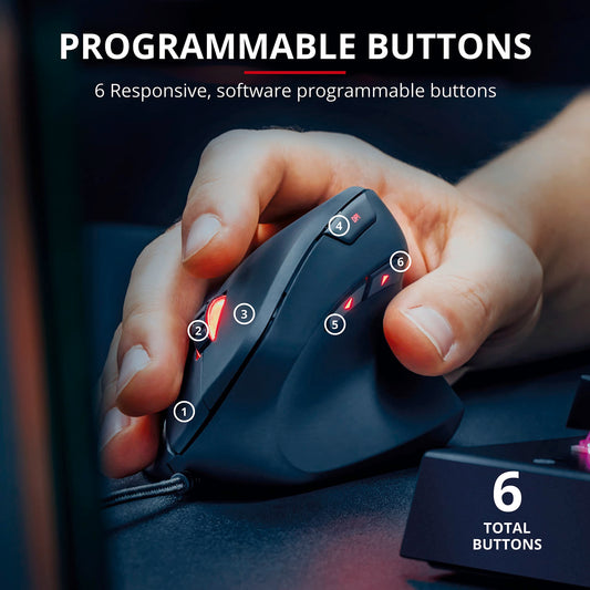 Trust Gaming GXT 144 Rexx Vertical Ergonomic Gaming Mouse - 250-10,000 DPI, 6 Buttons, Black, Model 22991