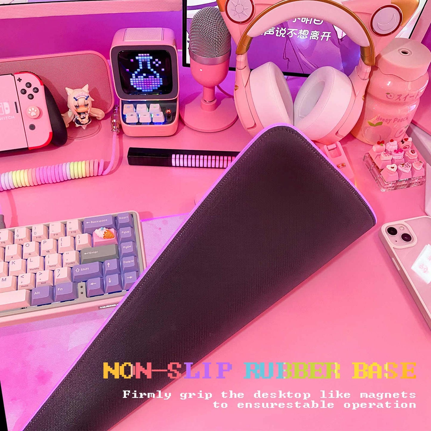 JMIYAV RGB Cherry Blossom Gaming Mouse Pad, 31.5x12 Inch, Pink, XL Large, Non-Slip Rubber Base, Glowing LED Light Up