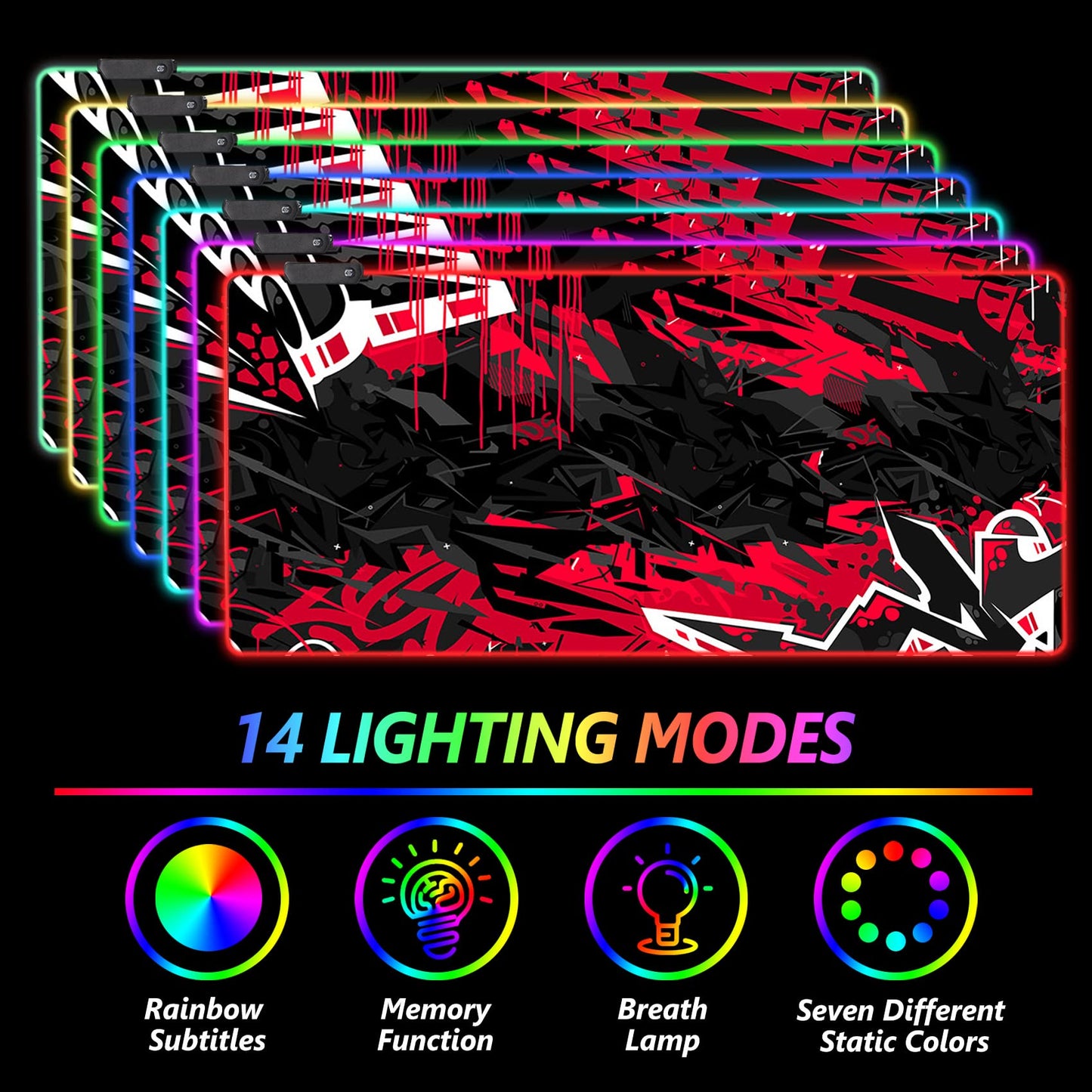 AIMSA Large RGB Gaming Mouse Pad - 35.4" x 15.8", Non-Slip Rubber Base, 14 Lighting Modes, Waterproof, Red Black