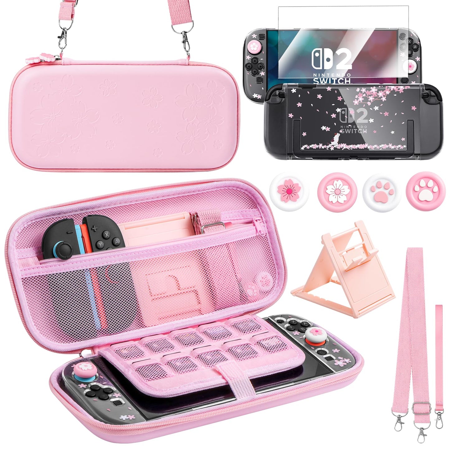 BRHE Cute Travel Carrying Case for Nintendo Switch 2 (2025) Accessories Kit with Protective Cover  Glass Screen Protector  Adjustable Stand and Thumb Grip Caps 10 in 1 (Switch 2 Pink)