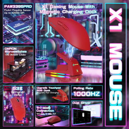 ATTACK SHARK X1 Ultralight Wireless Gaming Mouse - 40000DPI, RGB Charging Dock, Optical Switch, Red